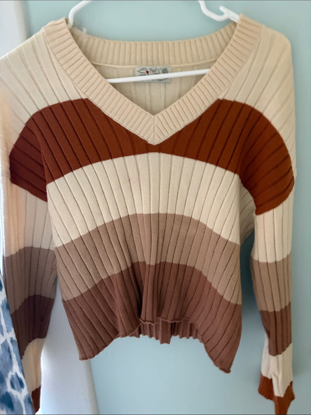 Striped V-Neck Ribbed Sweater in Cream, Tan & Brown